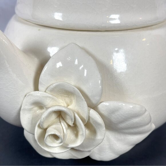 Stacked Ceramic Pottery Teapot Cup Set Paper Windows USA Floral Rose Cream VTG - Picture 3 of 16
